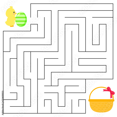 Maze game for preschool kids. Help the chick with Easter egg find right way to the basket. Vector illustration.