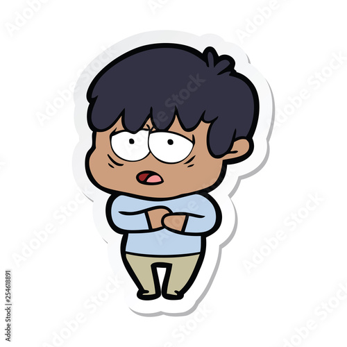 sticker of a cartoon exhausted boy