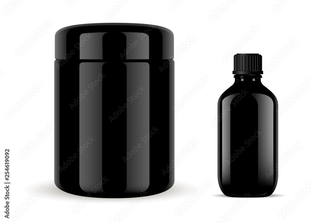 Cosmetic Medical Glass Bottle Set. Black Vial or Jar Mockup. Vapour ...