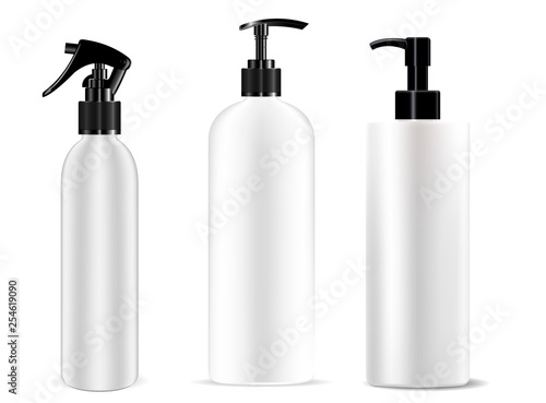 Dispenser Bottle Pump and Spray Set. Cosmetic Mockup of Plastic Container Variations for Lotion, Moisturizer, Deodorant, Water. 3d jar for Foam, Shower. Realistic Packaging.