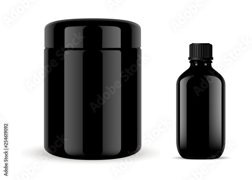 Cosmetic Medical Glass Bottle Set. Black Vial or Jar Mockup. Vapour Liquid Juice and Serum Supplement, Cream Round Container. Modern Medical Can with Screw Lid. Facial Powder Package.