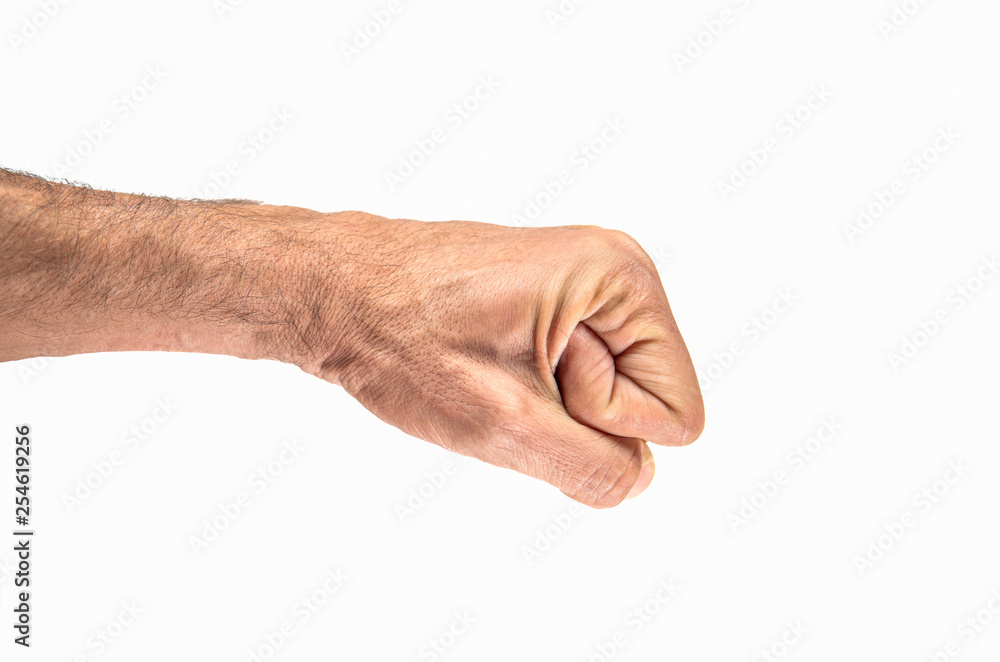 Profile view of caucasian man closed left fist Profile view of caucasian man closed left fist