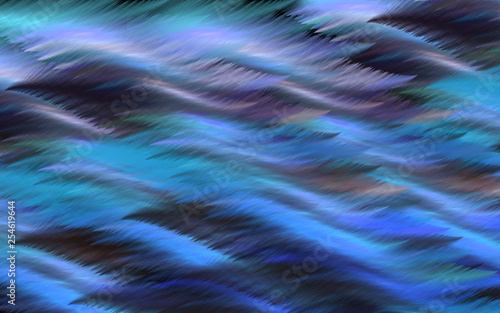Bright abstract blue background. Wavy pattern. The predominant colors are blue, purple, grey, black.
