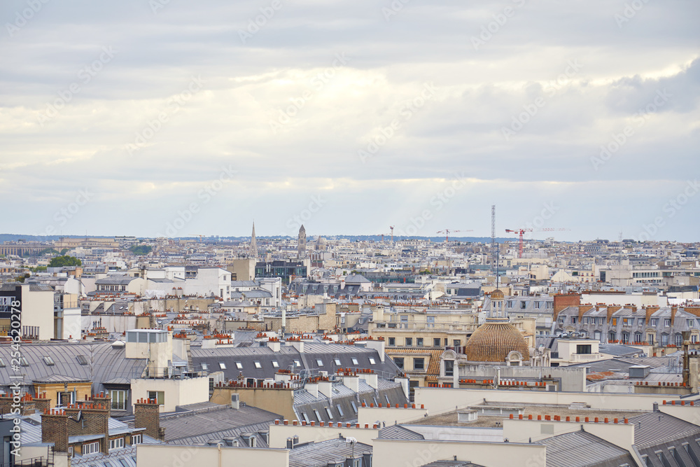 Paris rooftops view and skyline in a cloudy day in France