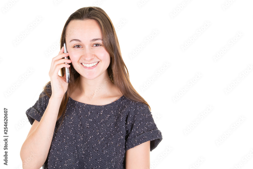 Young happy woman with long hair is talking on the phone over white background copy space Young happy woman with long hair is talking on the phone over white background copy space