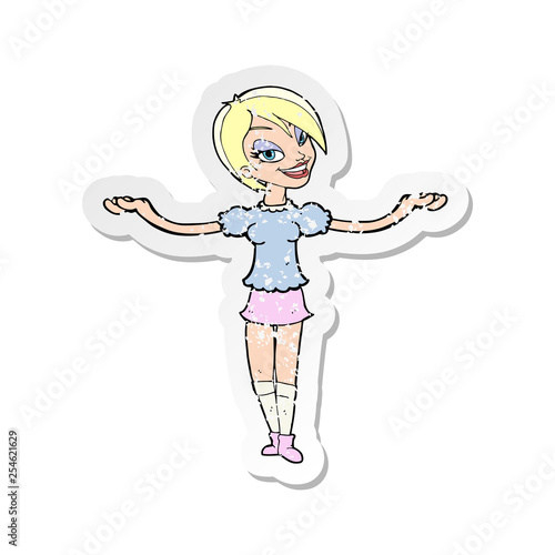 retro distressed sticker of a cartoon woman making open arm gesture