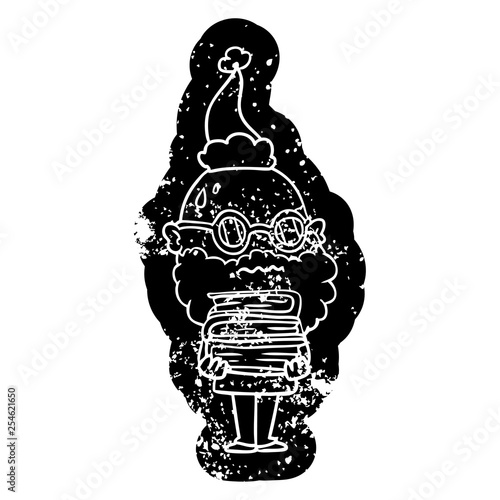 cartoon distressed icon of a worried man with beard and stack of books wearing santa hat