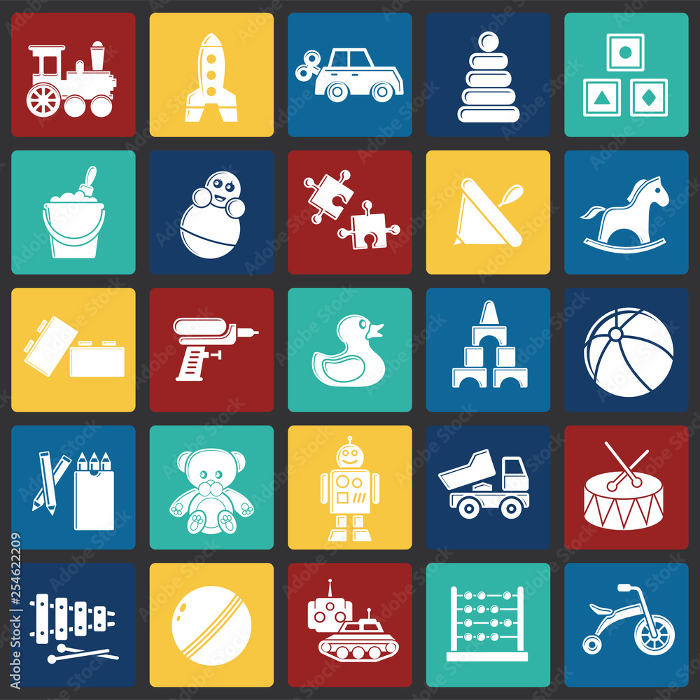 Toys icons set on color squares background for graphic and web design. Simple vector sign. Internet concept symbol for website button or mobile app.