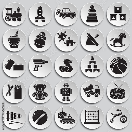 Toys icons set on plates background for graphic and web design. Simple vector sign. Internet concept symbol for website button or mobile app.