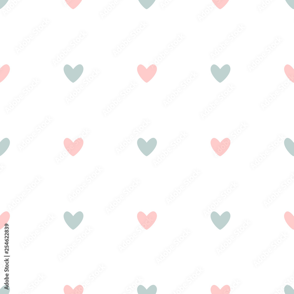 Repetitive pink and blue hearts on white background. Romantic seamless pattern.