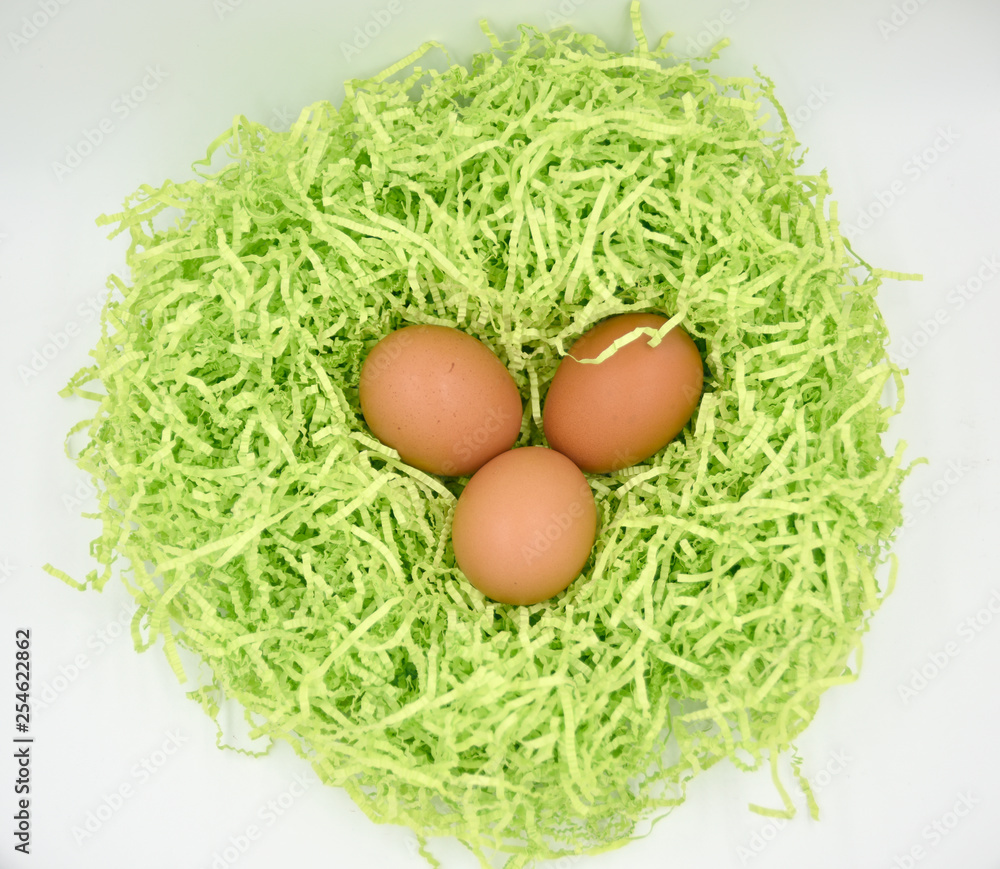 Brown eggs in the green nest made of crumpled paper ob the white background Brown eggs in the green nest made of crumpled paper ob the white background