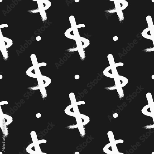 Repeating dollar signs and round spots painted with watercolor brush. Seamless pattern. Sketch, grunge, watercolor.