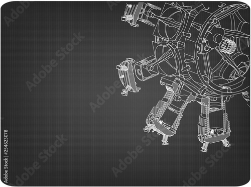 Disassembled radial engine on a gray