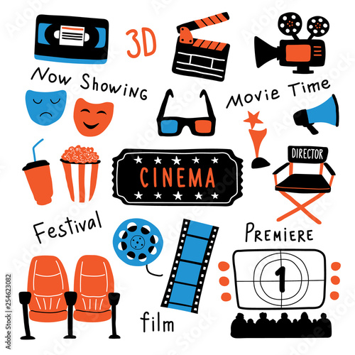 Cinema symbols set with ink lettering. Movie time and 3d glasses, popcorn, clapperboard, ticket, screen, camera, film, chairs. Funny doodle hand drawn cartoon vector illustration. Isolated on white.