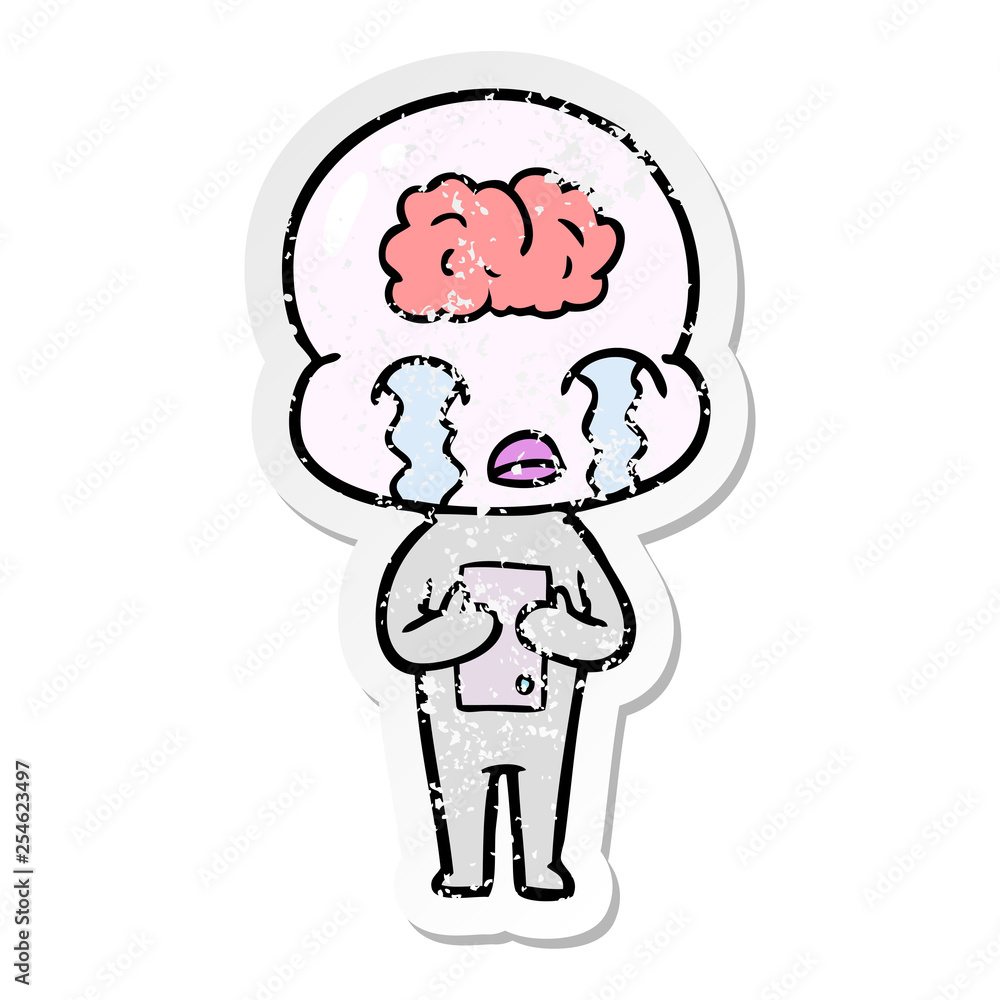 distressed sticker of a cartoon big brain alien crying distressed sticker of a cartoon big brain alien crying