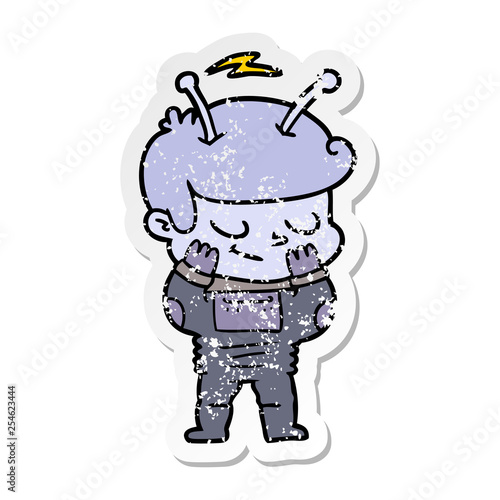 distressed sticker of a bashful cartoon spaceman