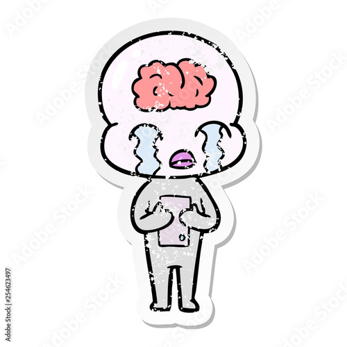 distressed sticker of a cartoon big brain alien crying © lineartestpilot