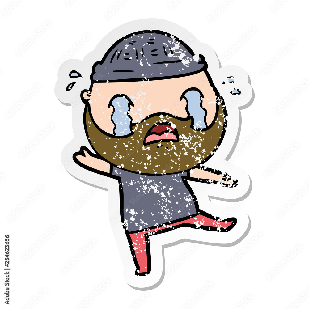 distressed sticker of a cartoon bearded man crying distressed sticker of a cartoon bearded man crying