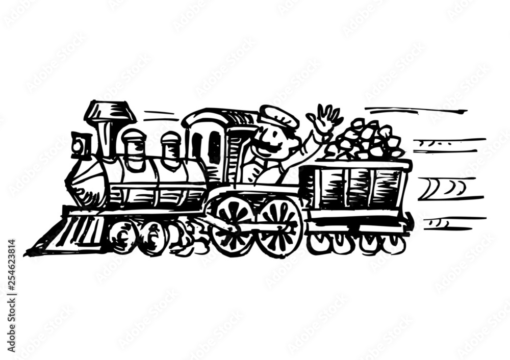 Express, fast train, steam locomotive, engine driver, coal wagon, black and white cartoon