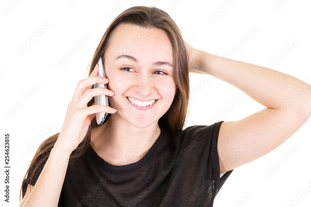portrait of young beautyful woman on phone looks in camera portrait of young beautyful woman on phone looks in camera