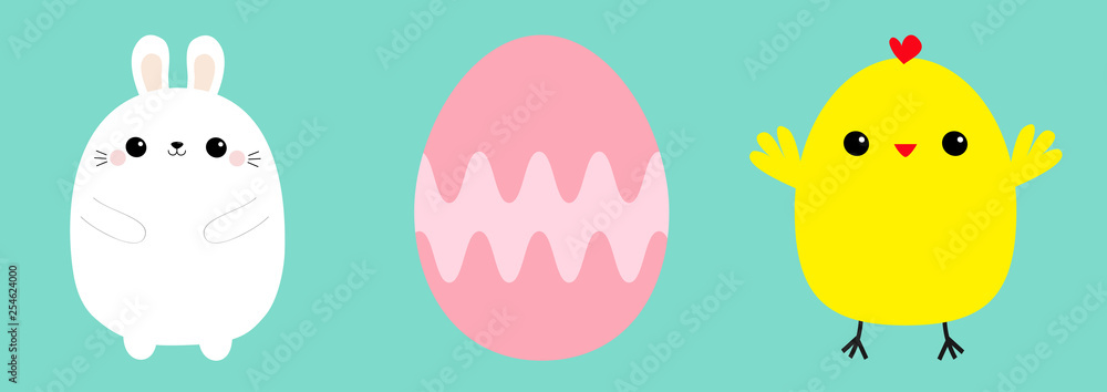 Happy Easter bunny head face, painting egg, chicken bird set line. Rabbit baby, chick. Cute cartoon kawaii funny character. Farm animal. Blue pastel background. Flat design Happy Easter bunny head face, painting egg, chicken bird set line. Rabbit baby, chick. Cute cartoon kawaii funny character. Farm animal. Blue pastel background. Flat design