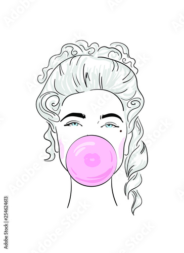 The face of a girl in a wig inflates a bubble of chewing gum.