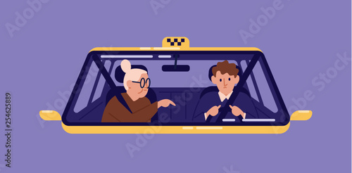 Taxi driver and elderly woman sitting in front seat of cab and talking to him seen through windscreen