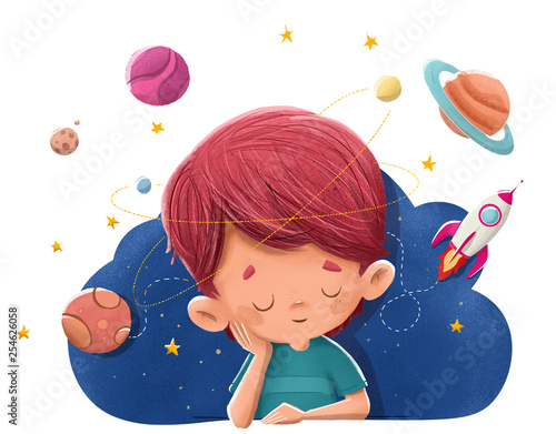 Niño imaginando y soñando con planetas, cohetes, el espacio photo
