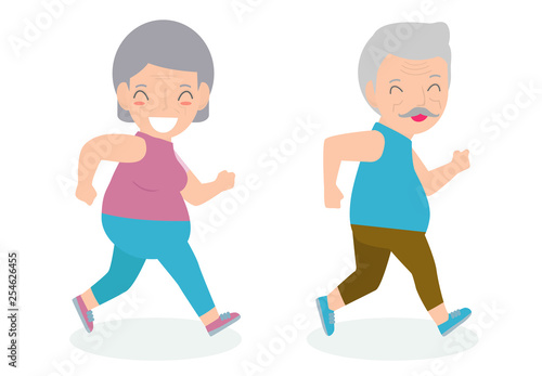 Vector Illustration of senior couple running in a park. old man and old lady run. senior runner, gym or outdoor healthy lifestyle. Sport adult old people exercising 