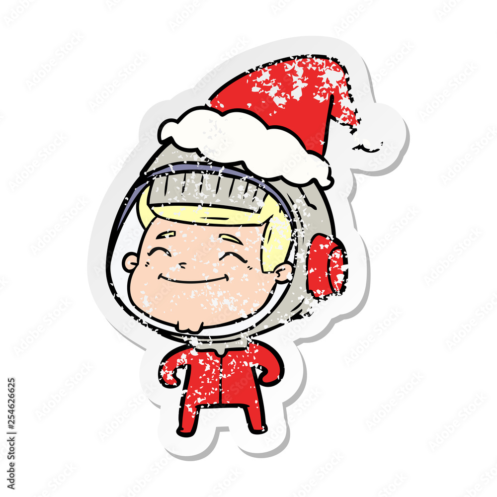 happy distressed sticker cartoon of a astronaut wearing santa hat happy distressed sticker cartoon of a astronaut wearing santa hat