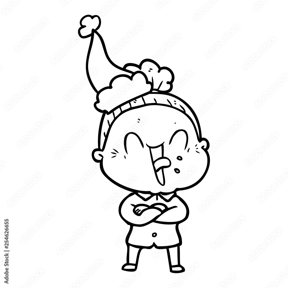 line drawing of a happy old woman wearing santa hat