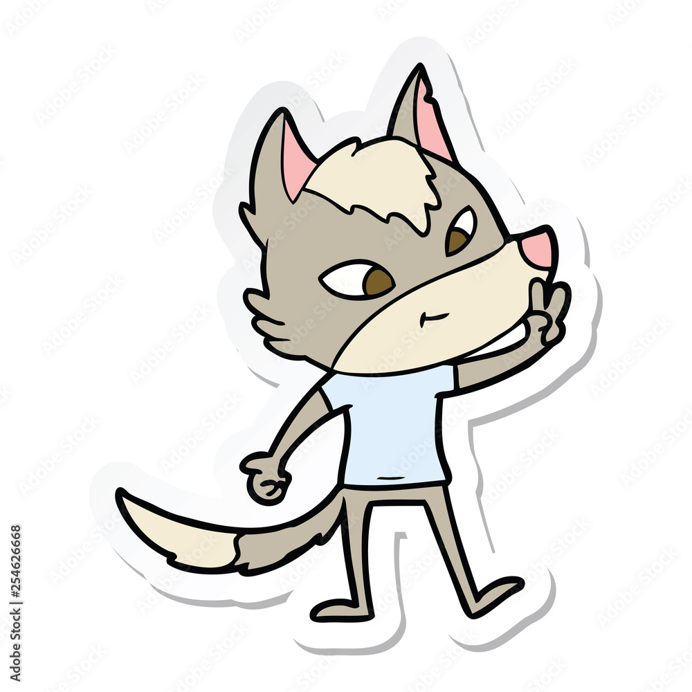 sticker of a friendly cartoon wolf giving peace sign sticker of a friendly cartoon wolf giving peace sign