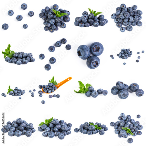 Collage of blueberries on white