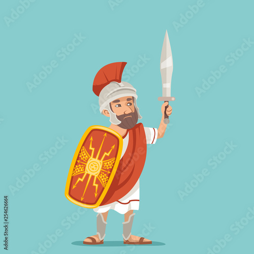 Legionnaire sword shield warrior soldier greek roman retro vintage character icon cartoon design vector illustration photo