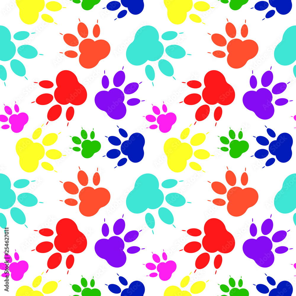 Paw pattern, seamless vector pattern silhouettes of paw, cat's feet, dog's footprint. Multicolor on a transparent background background. Bright seamless vector pattern without background. Paw pattern, seamless vector pattern silhouettes of paw, cat's feet, dog's footprint. Multicolor on a transparent background background. Bright seamless vector pattern without background.
