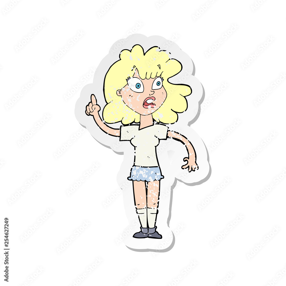 retro distressed sticker of a cartoon woman making point retro distressed sticker of a cartoon woman making point