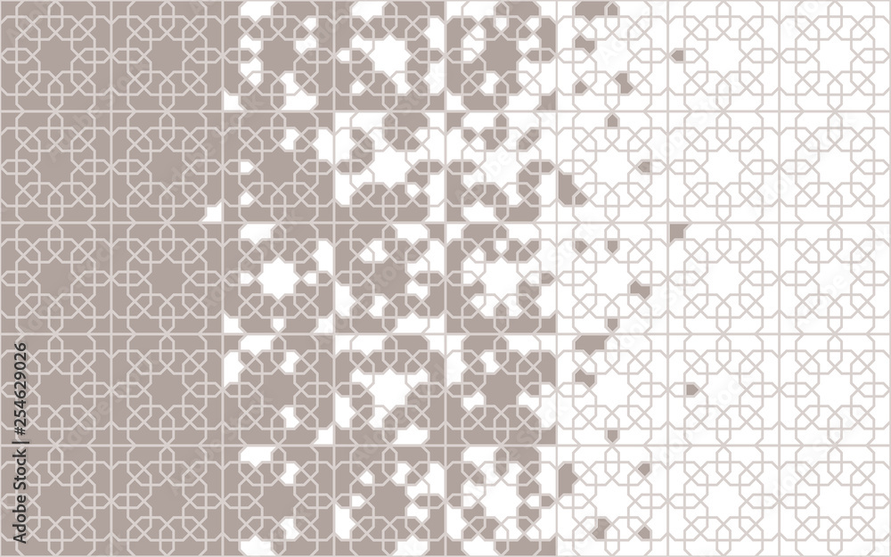 Arabesque vector seamless pattern. Geometric halftone texture with color tile disintegration or breaking