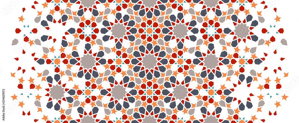 Arabesque vector seamless pattern. Geometric halftone texture with color tile disintegration or breaking Arabesque vector seamless pattern. Geometric halftone texture with color tile disintegration or breaking