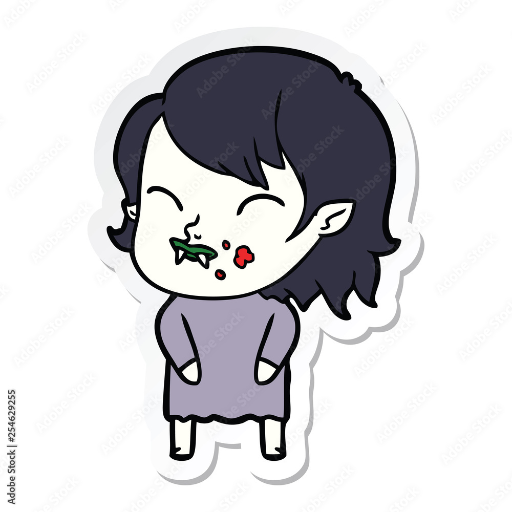 sticker of a cartoon vampire girl with blood on cheek sticker of a cartoon vampire girl with blood on cheek