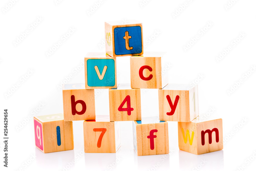 Toy cubes. Baby collection. ABC letters made from baby toys Toy cubes. Baby collection. ABC letters made from baby toys