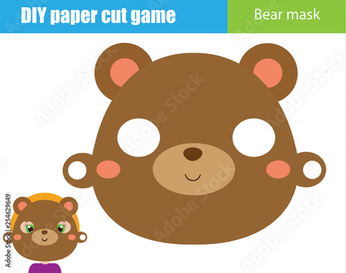 DIY children educational creative game. Make an animal party mask with scissors. Bear face paper mask for kids printable sheet