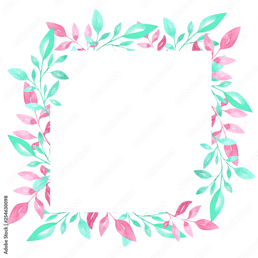 Hand drawn watercolor leaves, decorative frame isolated on the white background can be used for greeting cards