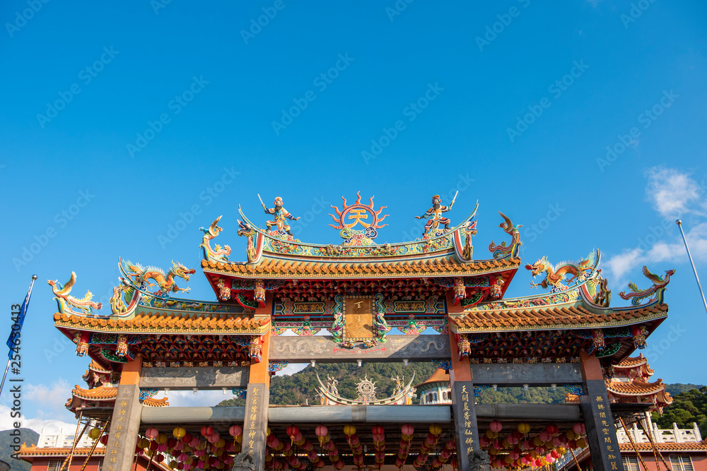 Taipei, Taiwan - January 27, 2019 - Tianyuan Temple with blue sky, The most famous place for tourist in Taiwan Taipei, Taiwan - January 27, 2019 - Tianyuan Temple with blue sky, The most famous place for tourist in Taiwan