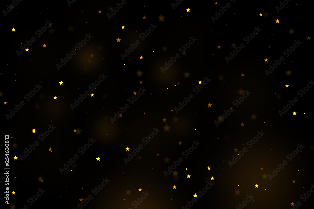 Gold stars bokeh overlay, stars photo overlay, abstract background, shiny gold and yellow stars flowing around. Photo overlay effect, stars bokeh on black background, JPG file.
