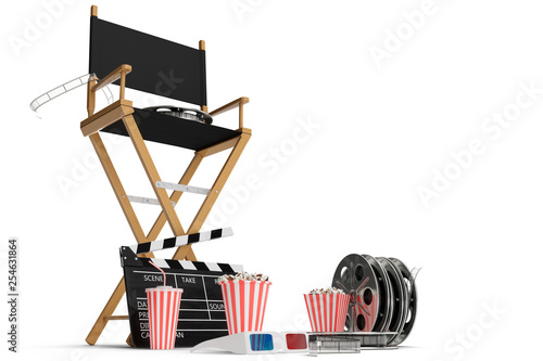 3D illustration, director chair, movie clapper, popcorn, 3d glasses, film strip, film reel and cup with carbonated drink isolated on white background. Cinema Industry Concept.