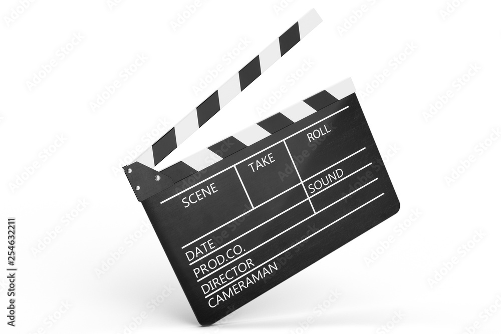 3d illustration of open movie clapper or clapperboard isolated on white background. Black film clapper with fields for your text. The subject of the film industry.