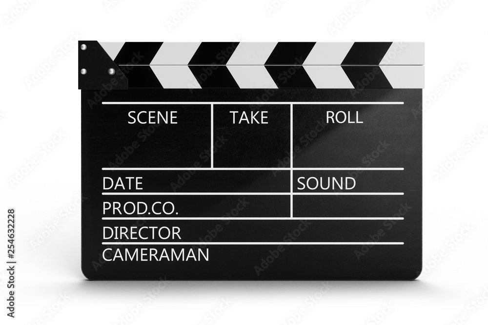 Fototapeta premium 3d illustration of closed movie clapper or clapperboard isolated on white background. Black film clapper with fields for your text. The subject of the film industry.