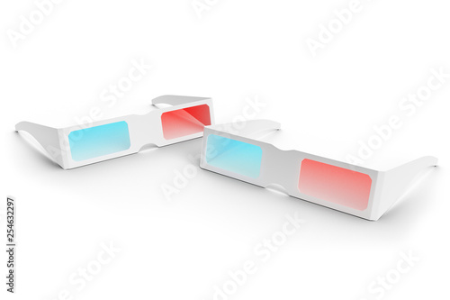 Two 3D Glasses isolated on white background. Glasses for watching a movie with the effect of 3D, side view 3D illustration