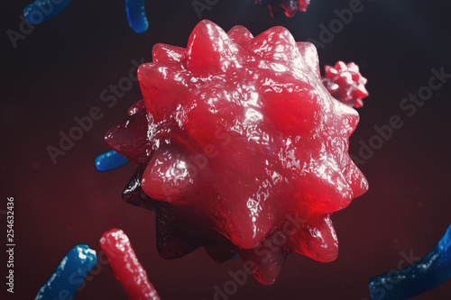 Abstract background virus. The concept of science and medicine, reducing immunity in the body. Influenza virus, hepatitis virus, cells that infect the living organism. 3d illustration