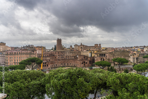 View above downtown of Rome, Italy. Beautiful city view beafore rain